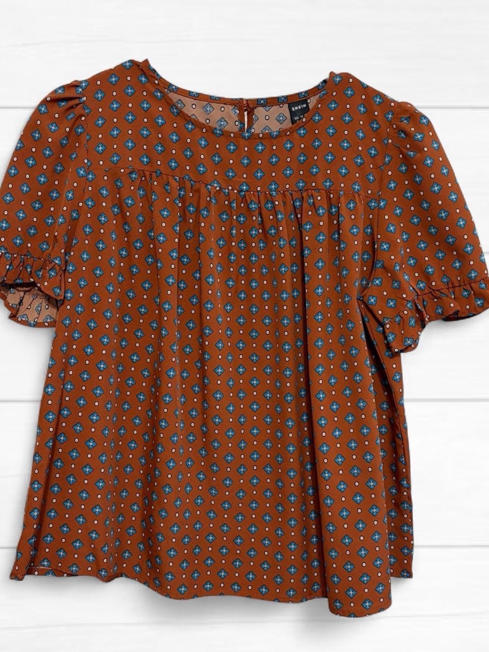 Shein Brown Printed Short Sleeve Blouse with Ruffle Sleeves Small